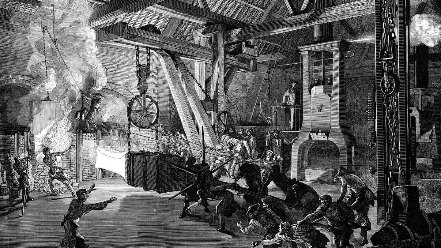 Ilustración de una fundición de acero durante la Revolución Industrial. (iStock)
