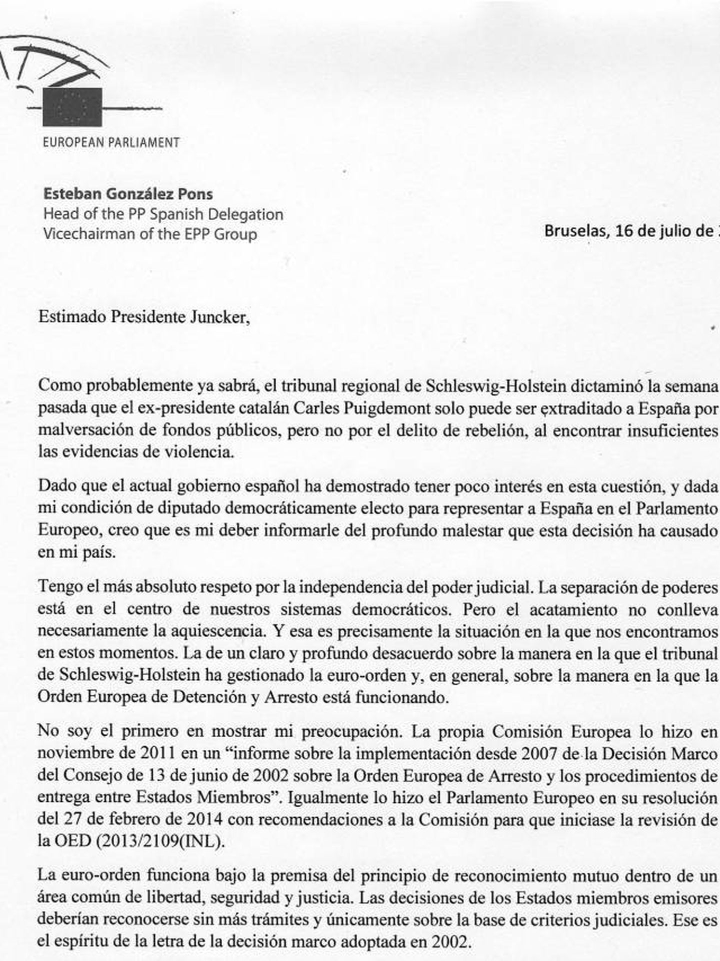 Pinche en la imagen para leer la carta de González Pons a Juncker.