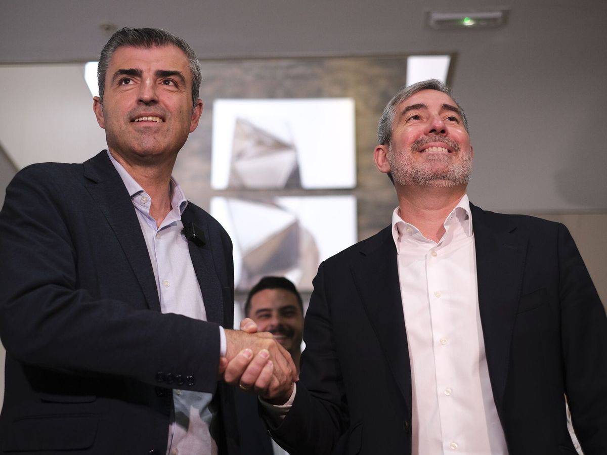 Foto: Manuel Domínguez (PP) y Fernando Clavijo (CC) sellan el acuerdo para el Gobierno de Canarias. (EFE/Ángel Medina G.)
