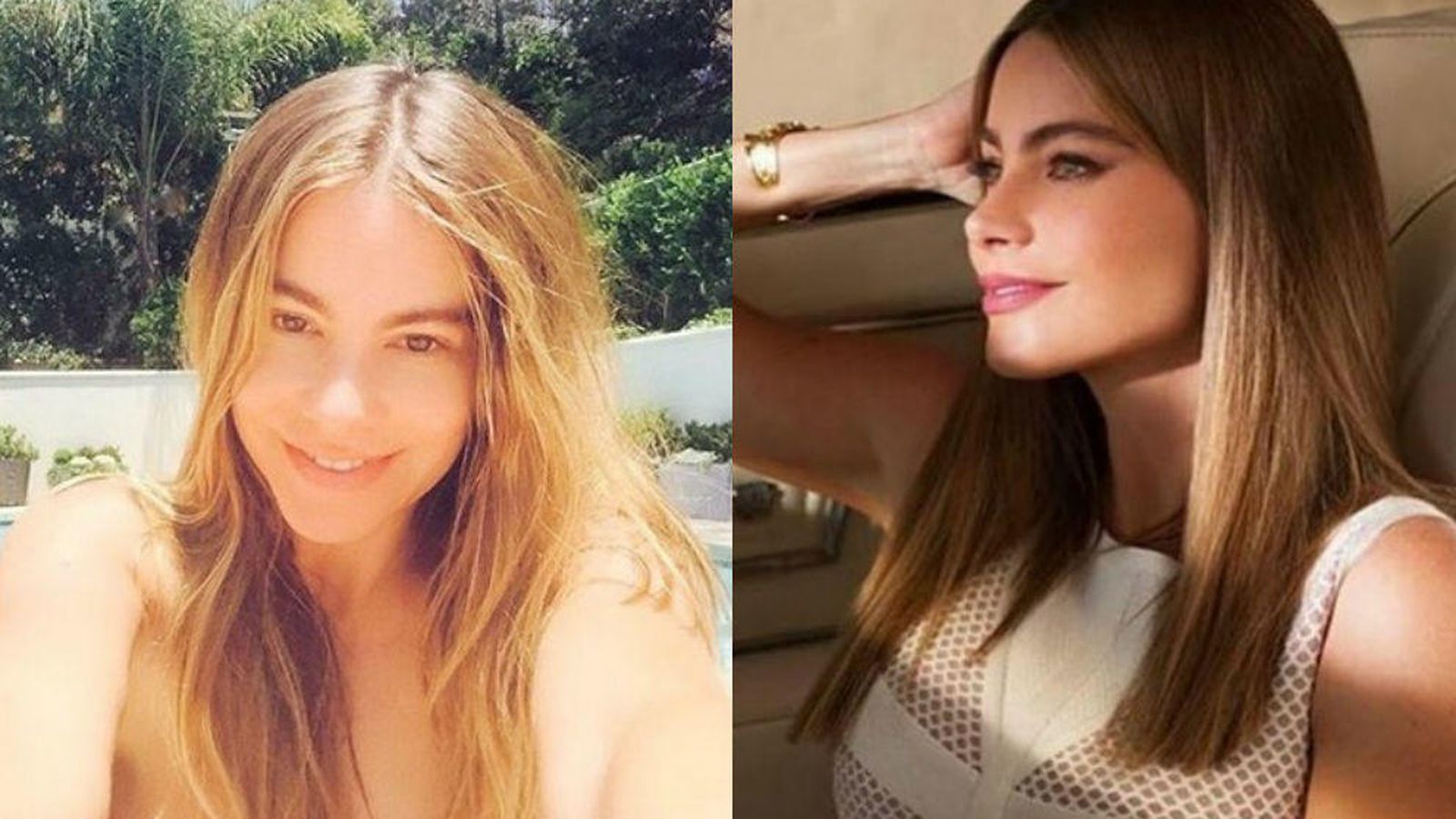 Foto: Sofia Vergara antes y después de maquillarse. (Facebook).