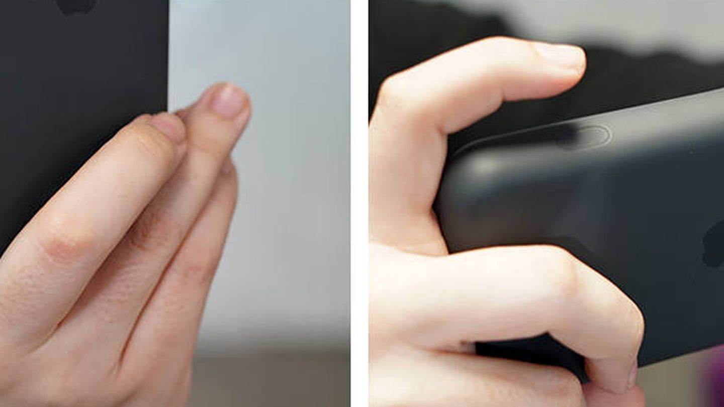 No, el botón de cámara de la funda de Apple no es cómodo de usar en vertical. (M. Mcloughlin)