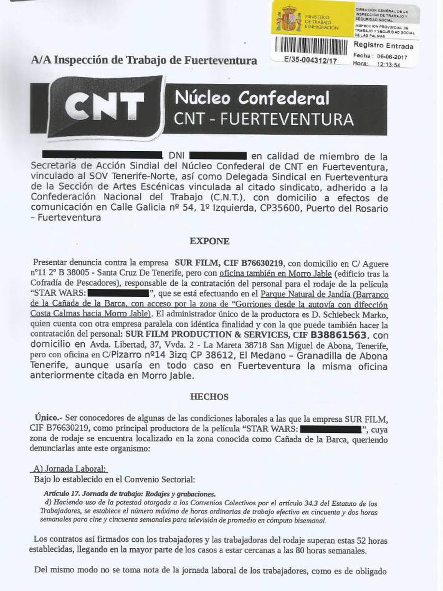 Extracto de la denuncia de la CNT ante Trabajo