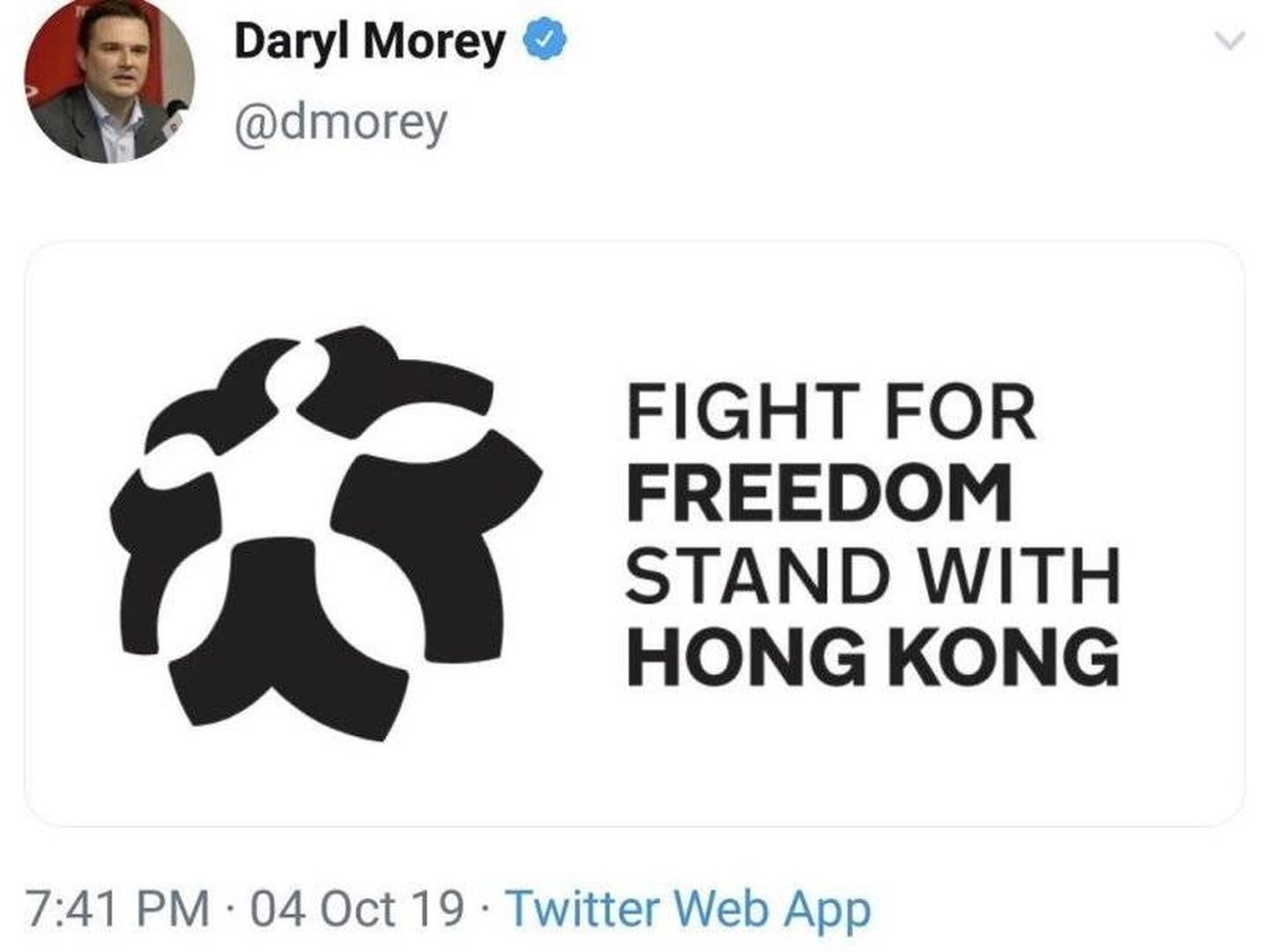 El tuit de Daryl Morey en apoyo a las protestas en Hong Kong.