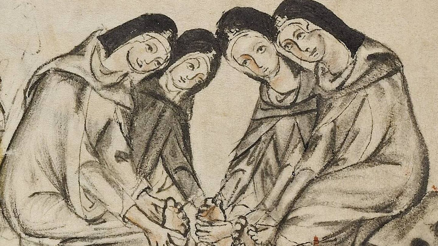 Dibujo medieval de unas monjas lavando sus pies, incluido en el libro.