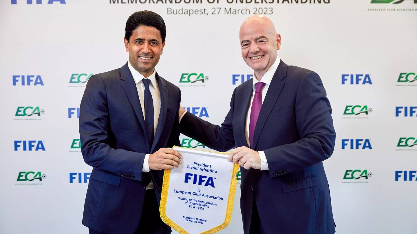 Nasser Al-Khelaifi (ECA) y Gianni Infantino (FIFA), en un encuentro institucional en 2023. (FIFA)