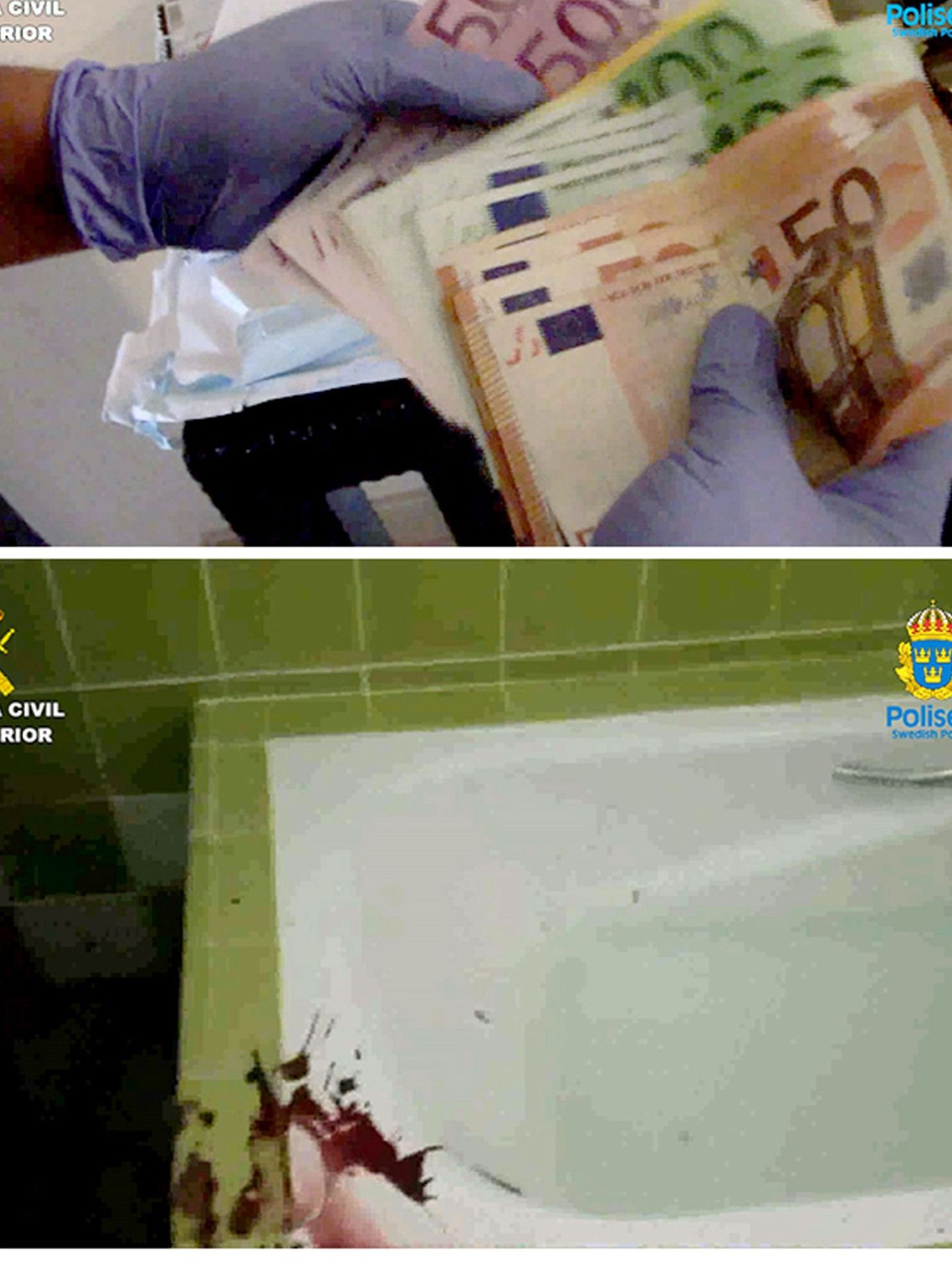 Arriba, incautación de dinero en la operación Tijereta; abajo, restos de sangre del narco sueco asesinado. (EFE)