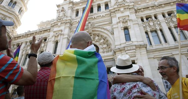 Foto: Un hombre con la bandera LGTB, enfrente del Ayuntamiento de Madrid. (EFE)