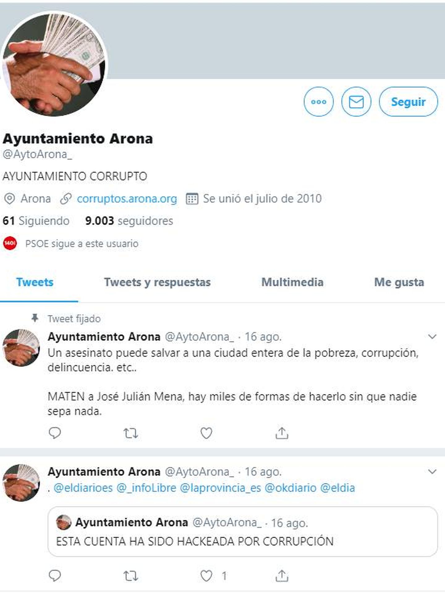 Captura de la cuenta de Twitter del Ayuntamiento de Arona.