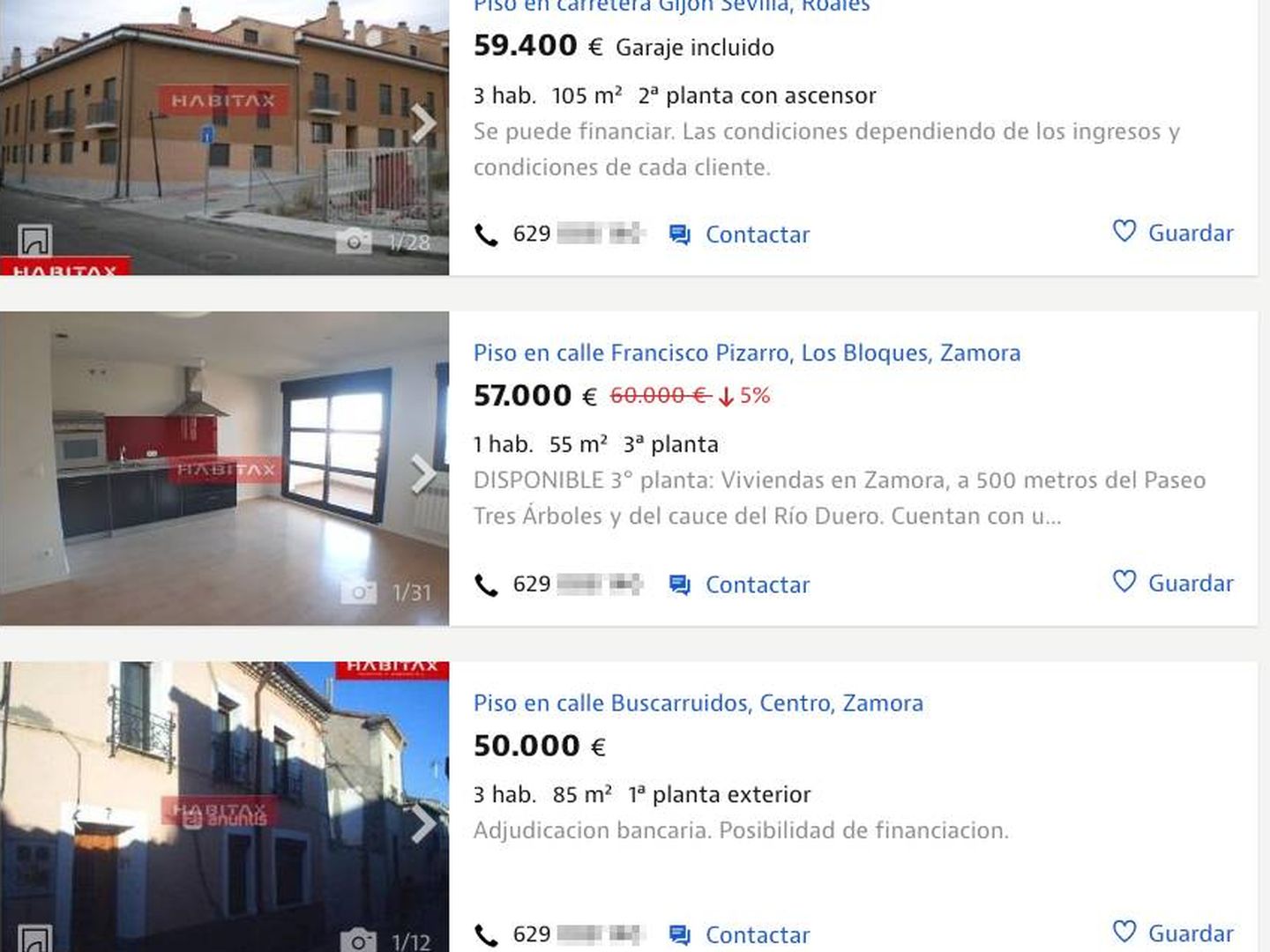 Tres ejemplos de pisos en venta en Zamora capital. (Idealista)