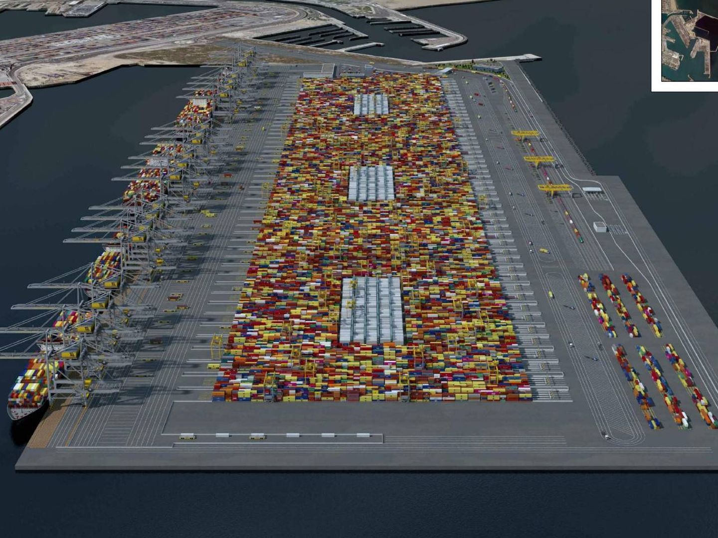 Simulación de la nueva terminal de contenedores propuesta por MSC para el puerto de Valencia. (TIL)