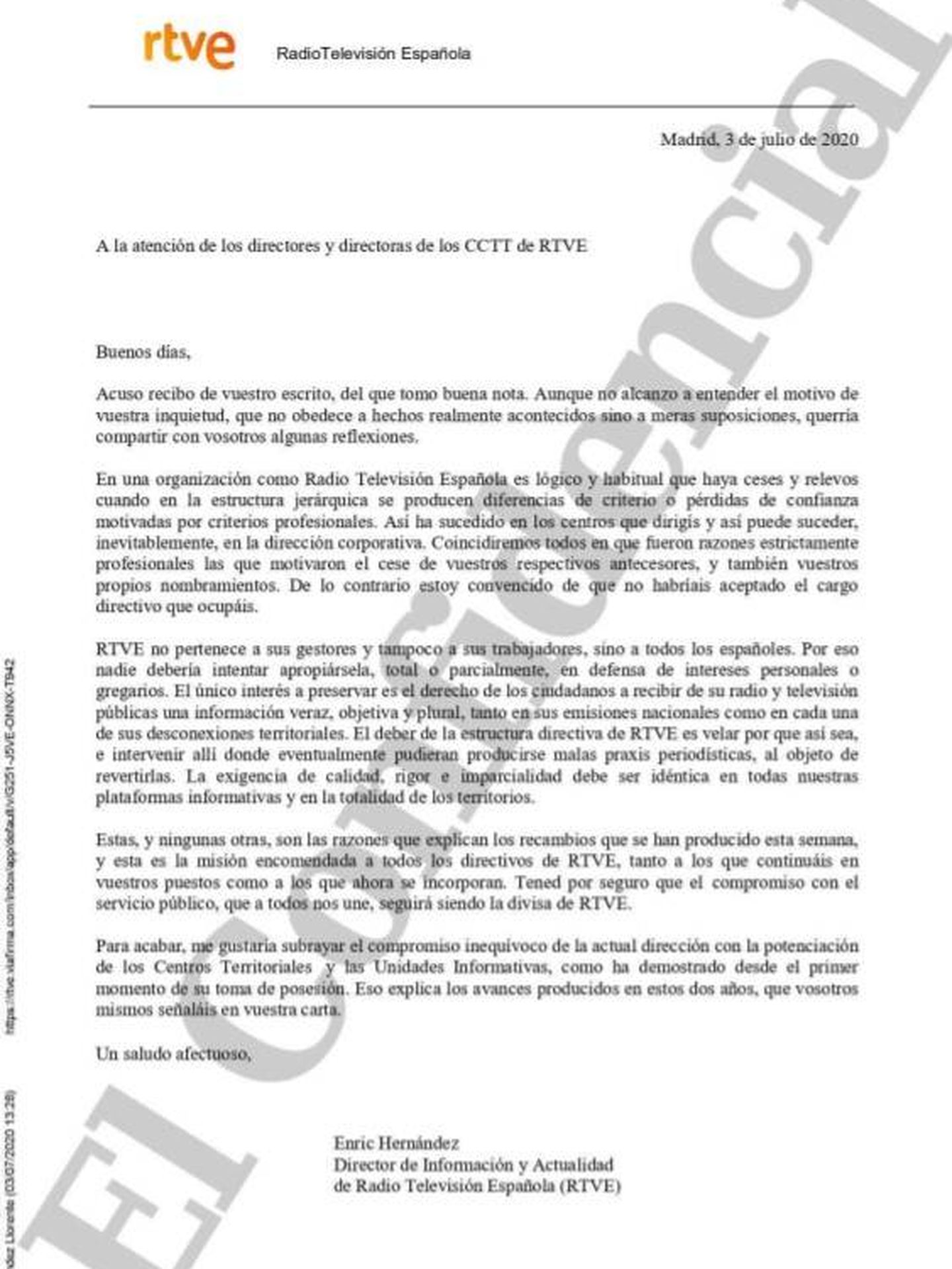 Consulte aquí en PDF la carta del director de Información y Actualidad de RTVE, Enric Hernàndez, a los directores de los centros territoriales de la corporación pública. (EC)