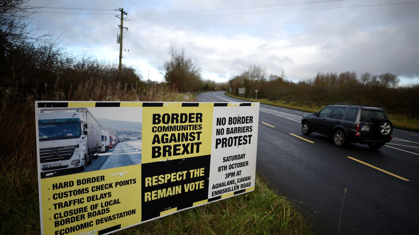 A sign from Border Communities Against Brexit is seen on the borderline between County Cavan in Ireland and County Fermanagh in Northern Ireland near Woodford, Ireland, November 30, 2017. REUTERS Clodagh Kilcoyne