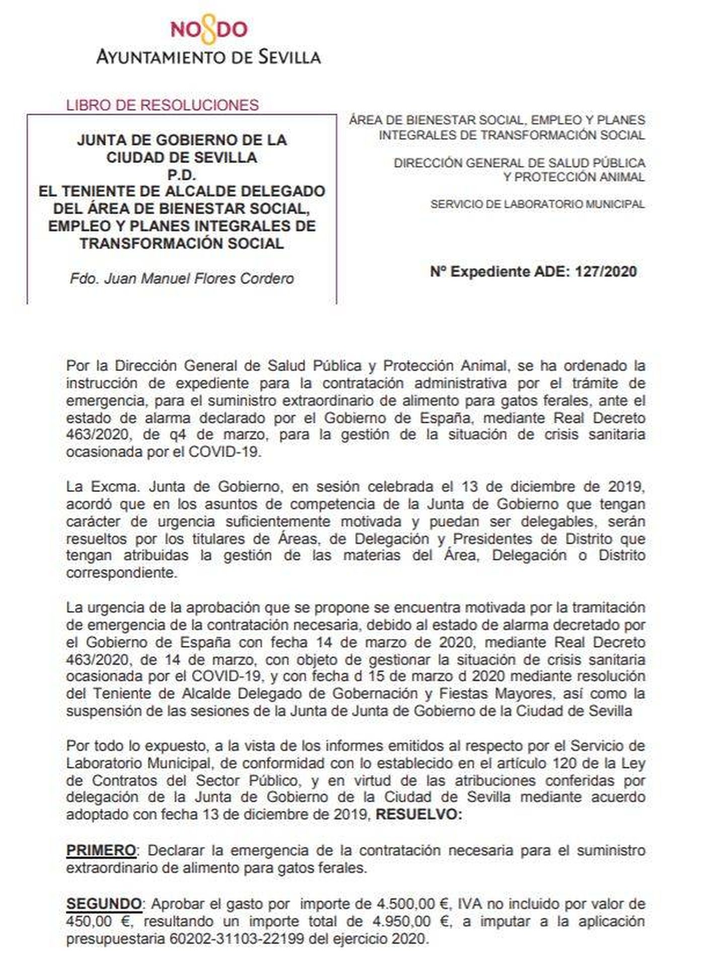 Resolución del Ayuntamiento de Sevilla para alimentar gatos callejeros. (Pinche para ampliar)