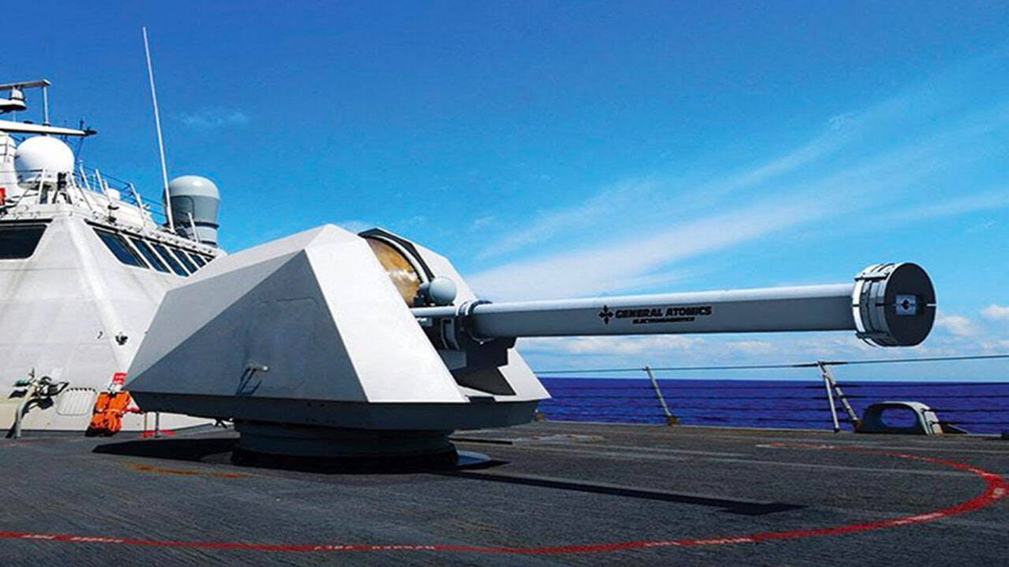 Render 3D de un teórico railgun americano en un buque de guerra, ahora cancelado (General Atomics)