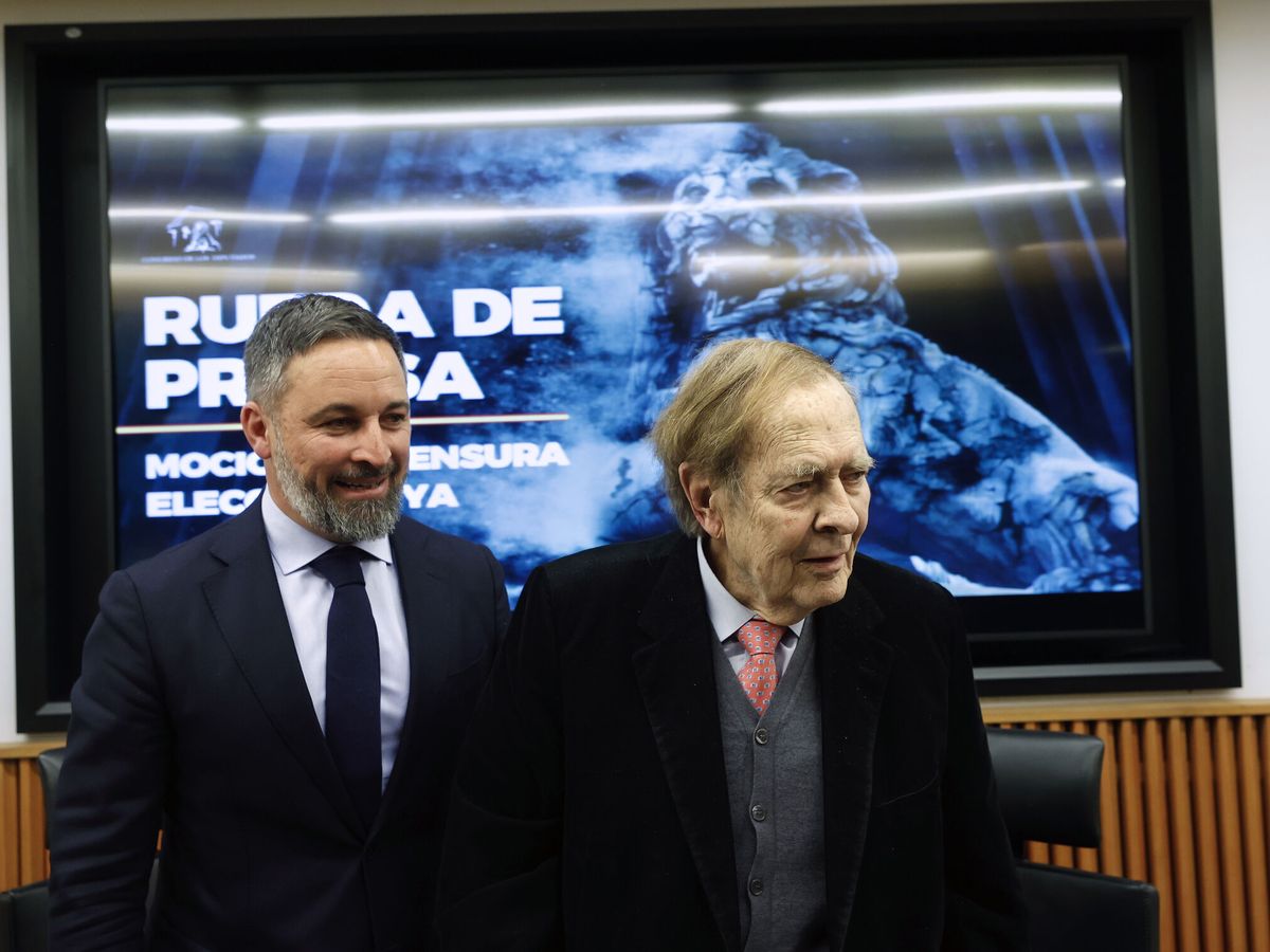 Foto: El candidato a la presidencia del Gobierno, Ramón Tamames (d), acompañado del líder de Vox, Santiago Abascal. (EFE/Javier Lizón)