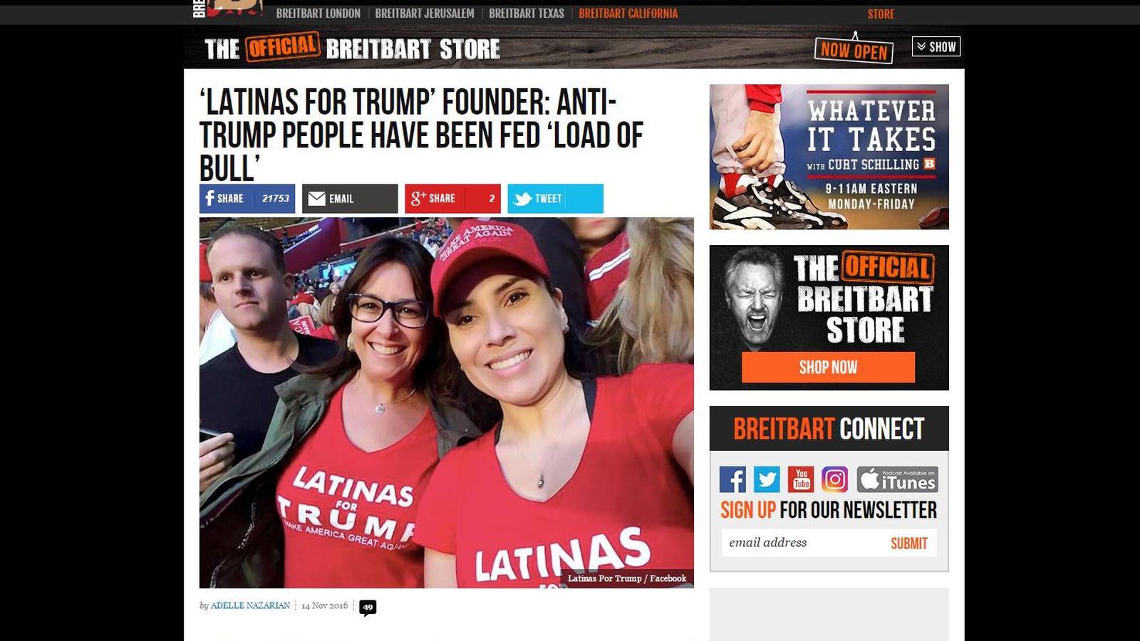Foto: Una de las historias de 'Breitbart', sobre las "latinas por Trump".