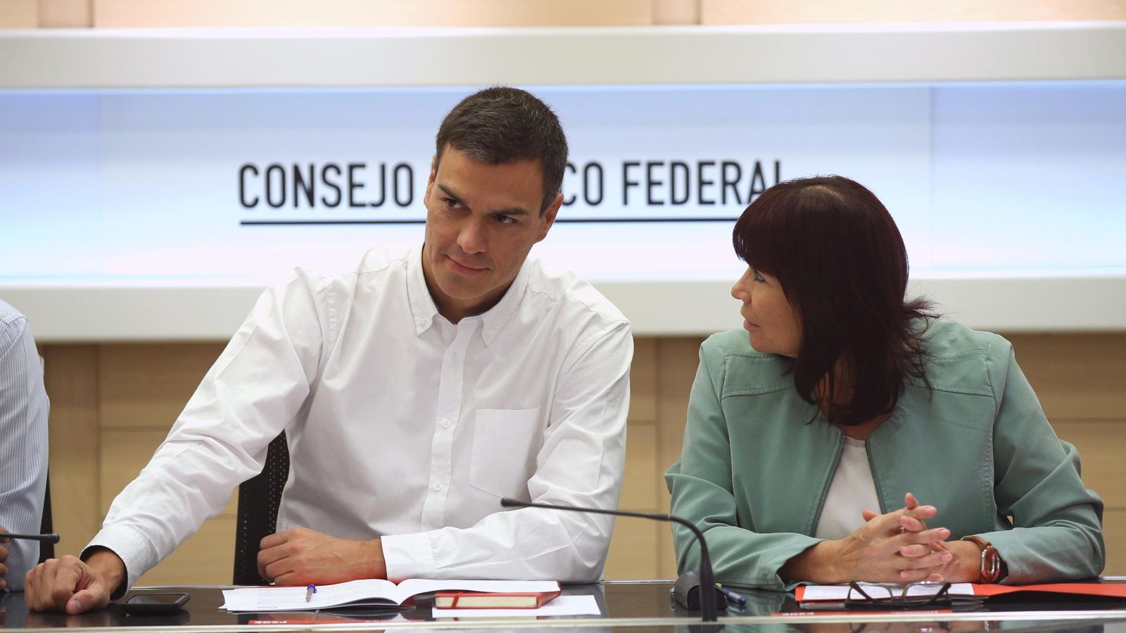 Foto: El secretario general del PSOE, Pedro Sánchez, y la presidenta, Micaela Navarro, durante el Consejo de Política Federal del partido. (EFE)