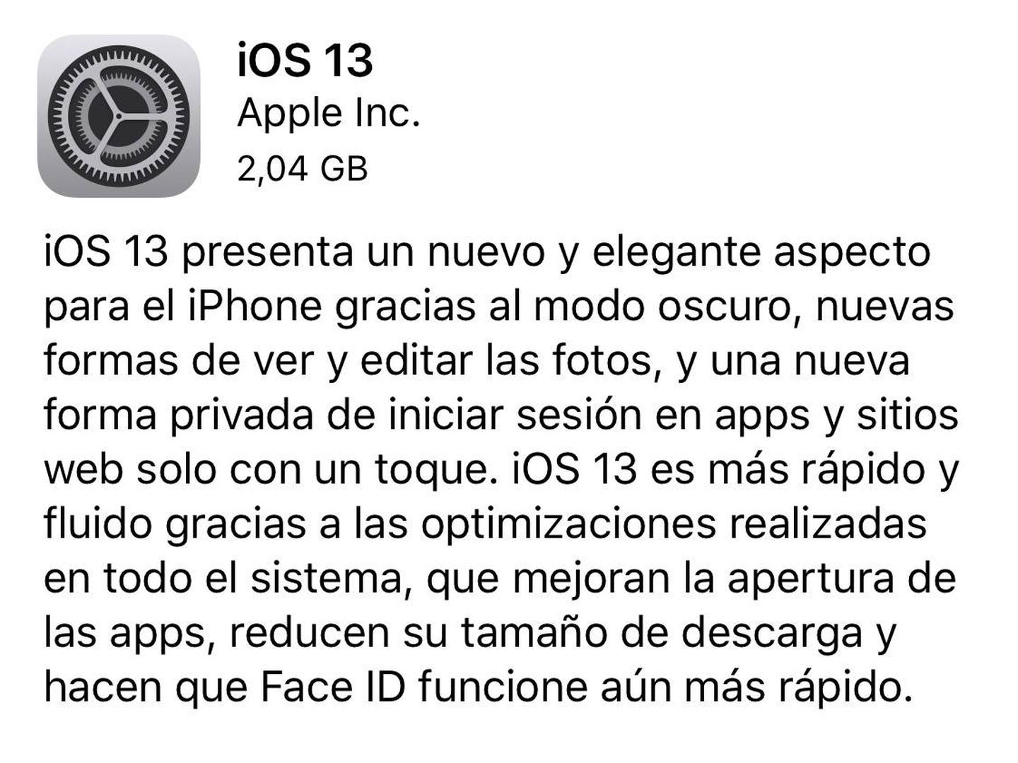 Mensaje de los terminales iPhone para actualizar el sistema a iOS 13.