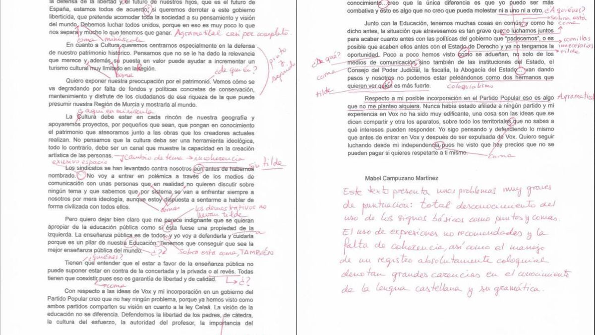 Profesores de Murcia corrigen un texto de la nueva consejera de Educación: "No aprueba"