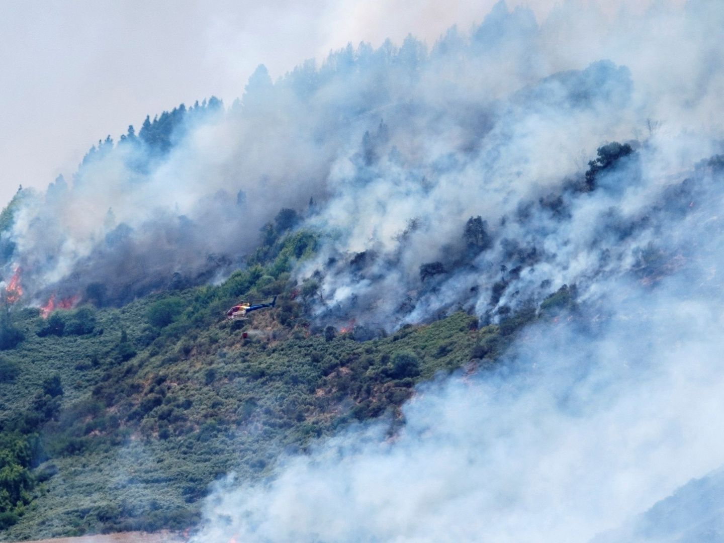 Un helicóptero trabaja en las tareas de extinción del incendio que afecta a varios municipios de la isla de Gran Canaria, como Valleseco. (EFE)