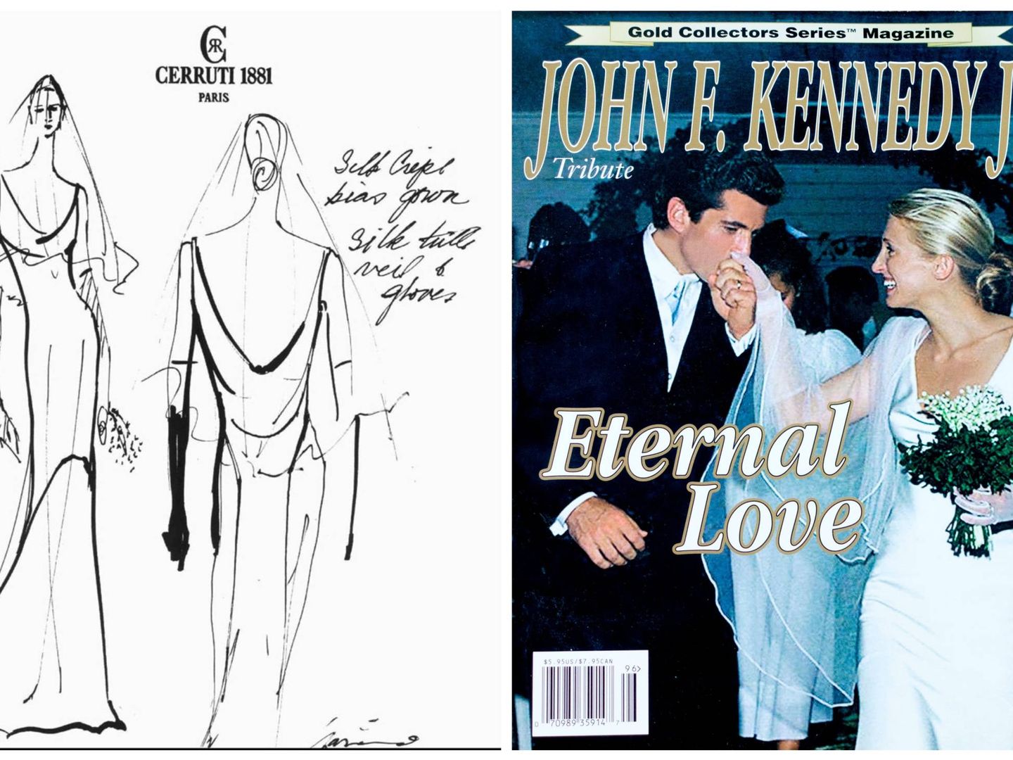 Boceto de su vestido de novia y portada en homenaje a Carolyn Bessette y John Kennedy Jr. (Cortesía y Alamy)