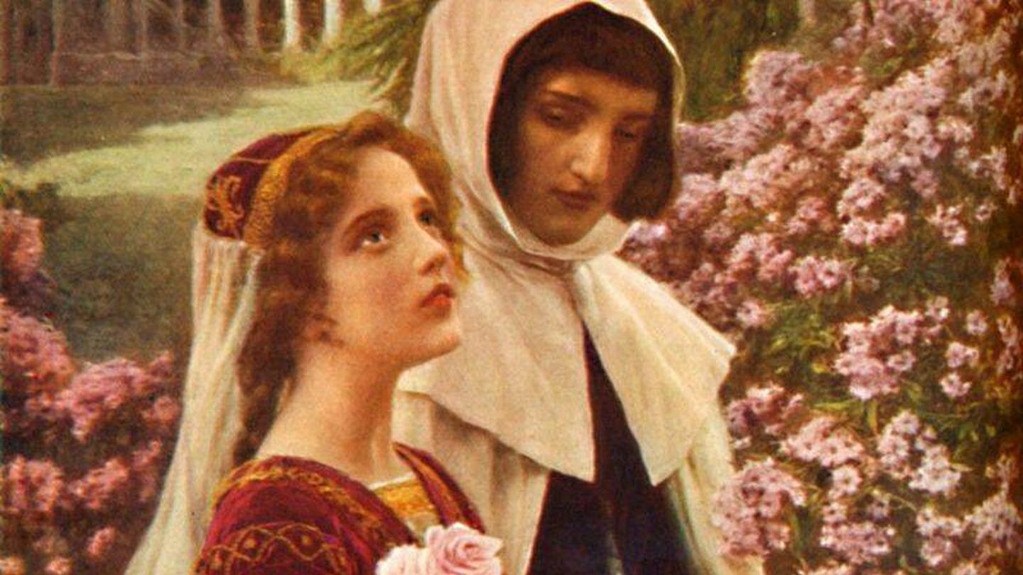 Dante y Beatriz en el jardín, ese día en el que el poeta se enamoró perdidamente, en una ilustración de 'Romance de vidas famosas' de Cassell, volumen 1 por Harold Wheeler
