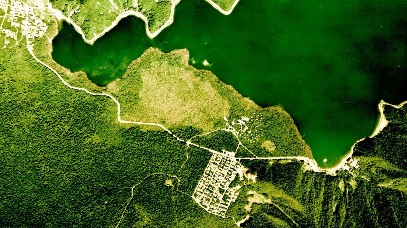 Foto: Vista aérea del bosque Aokigahara y el lago Saiko. (National Land Image Information, Japón)