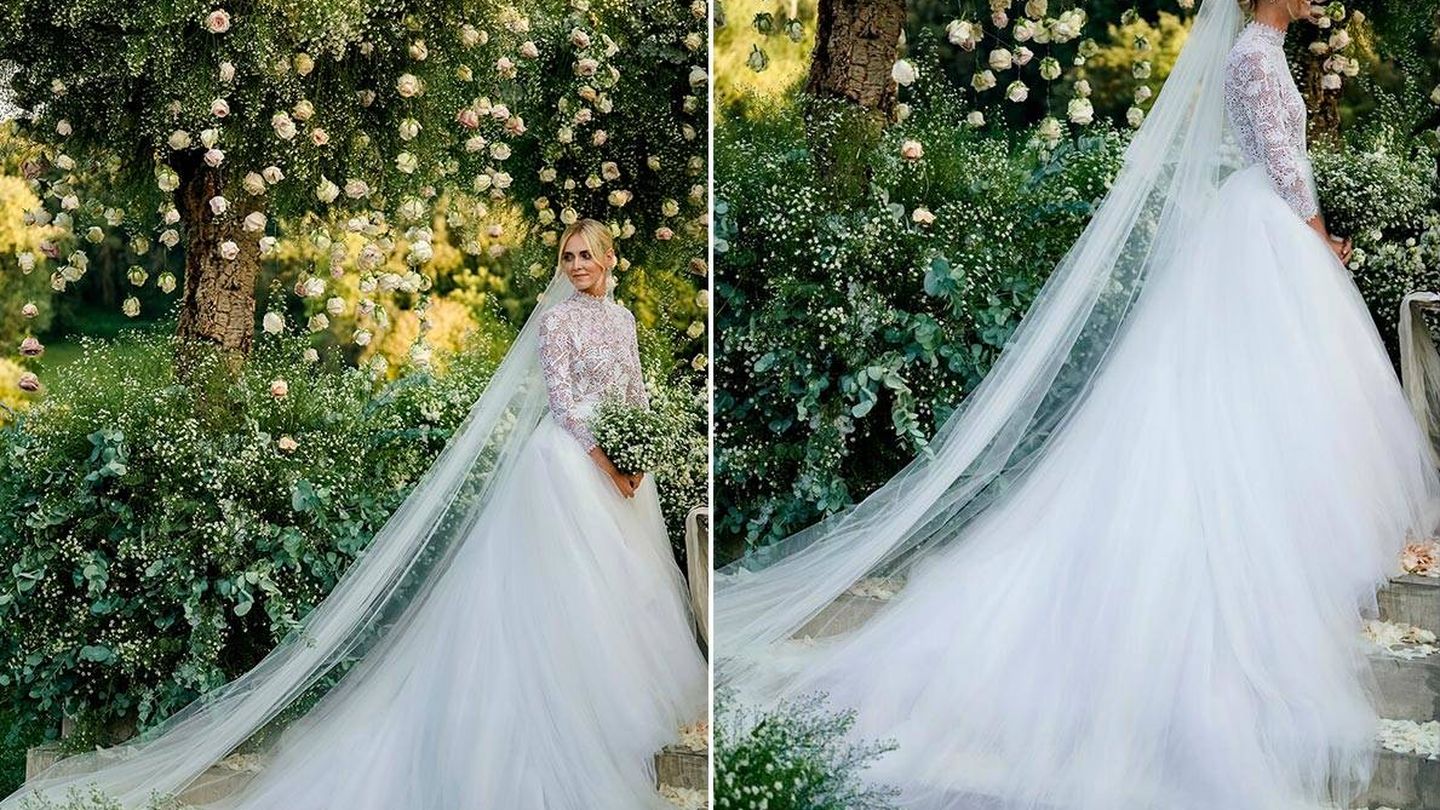 La novia en uno de los espectaculares jardines de Dimora delle Balze. (Imagen: David Bastianoni/Cortesía de Dior)