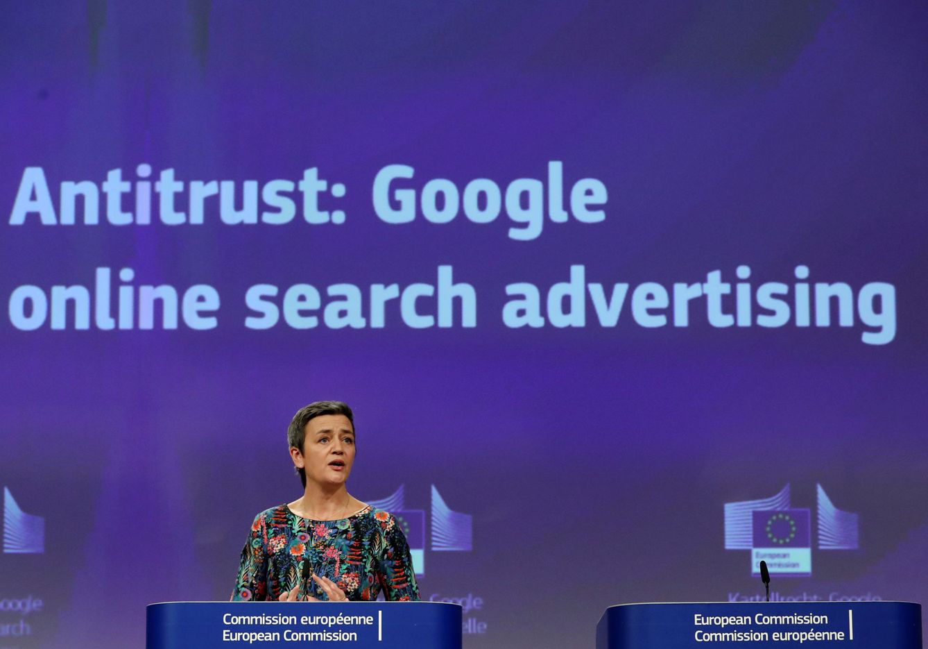 Margrethe Vestager, explicando una de las multas impuestas a Google. (Reuters)