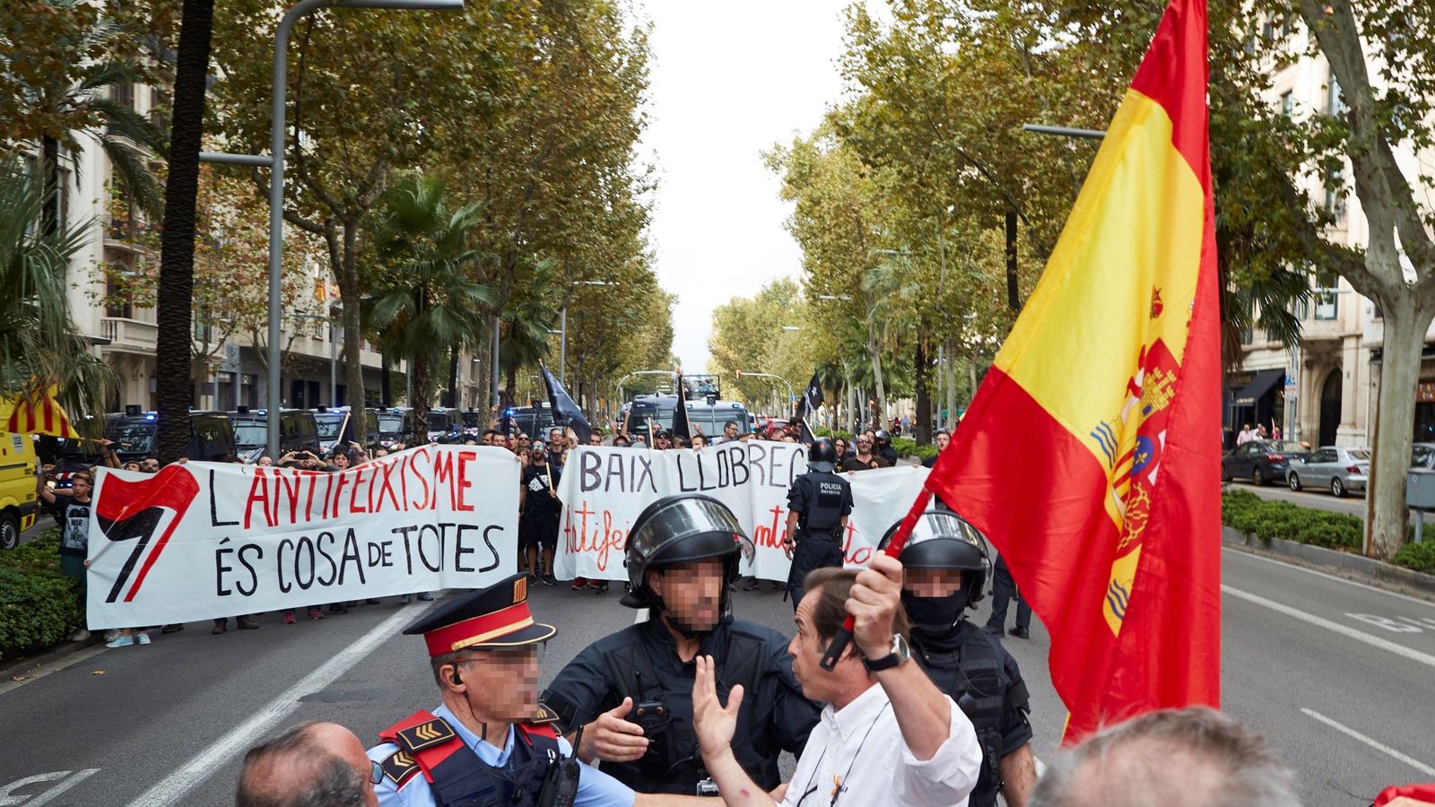 Foto: Un hombre con una bandera de España increpa a los manifestantes de la marcha antifascista de los CDR. (EFE)