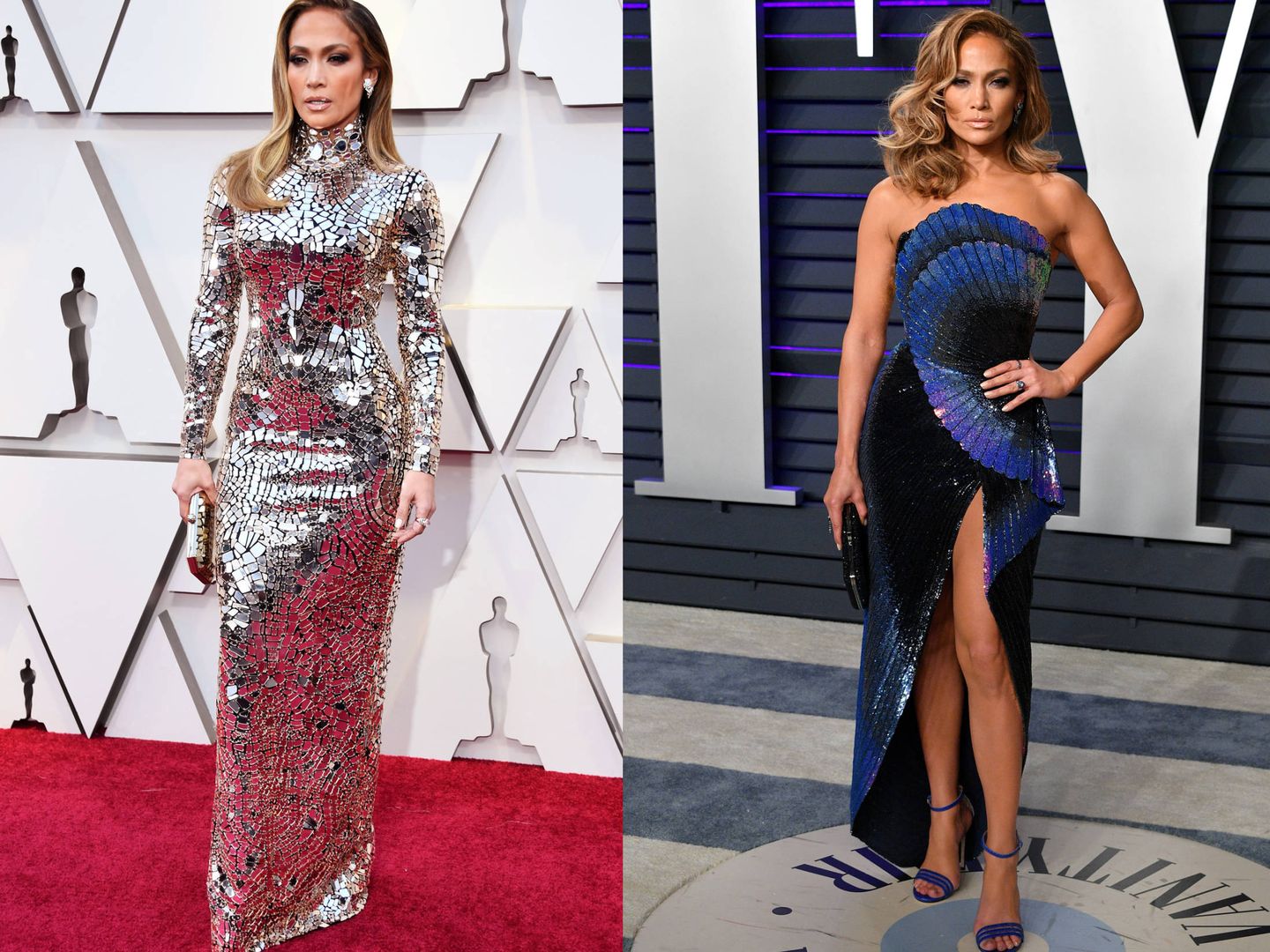 Jennifer Lopez en los Oscar y en la fiesta de 'Vanity Fair'. (Getty)