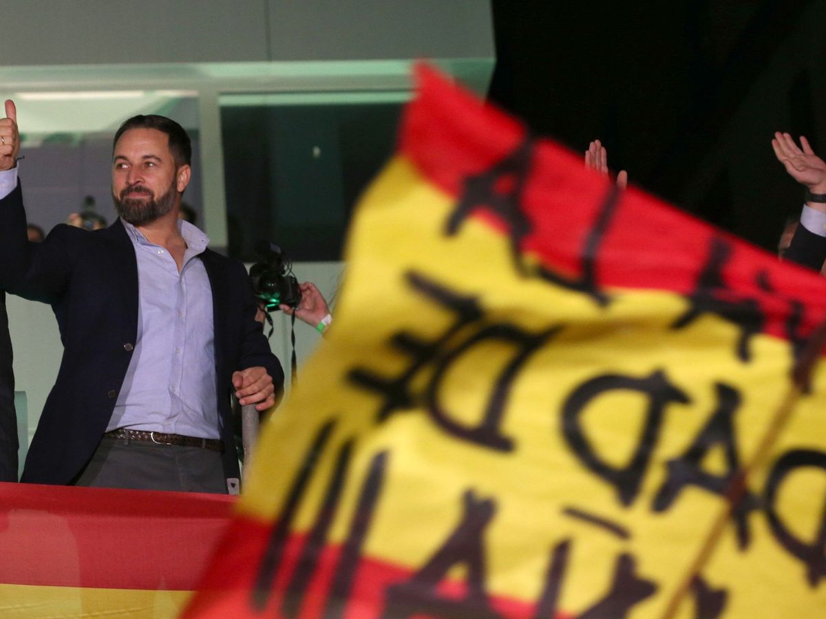 Foto: El líder de Vox, Santiago Abascal, celebrando los resultados electorales en la sede del partido. (EFE)