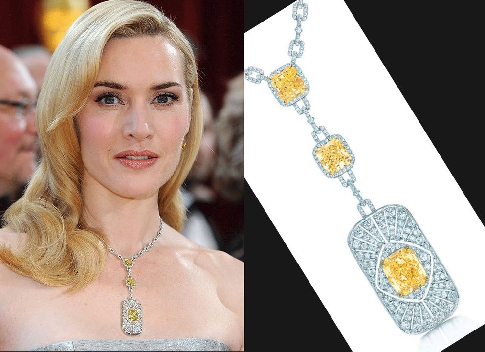 Kate Winslet con uno de los diseños de Tiffany's con diamante amarillo.