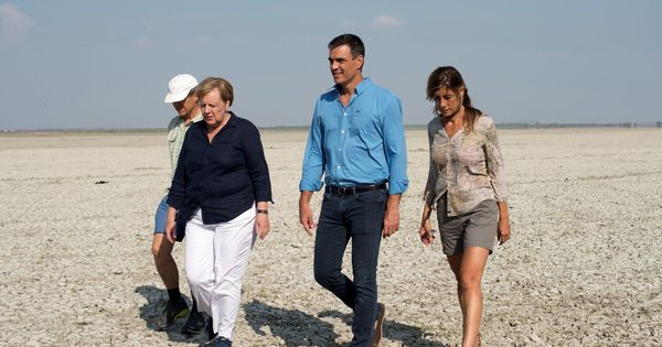 Foto: Pedro Sánchez (2-d) y la canciller alemana, Angela Merkel (2-i), junto a Joachim Sauer (i), marido de Merkel, y Begoña Gómez (d), mujer del presidente del Gobierno, en Doñana en agosto de 2018. (EFE)