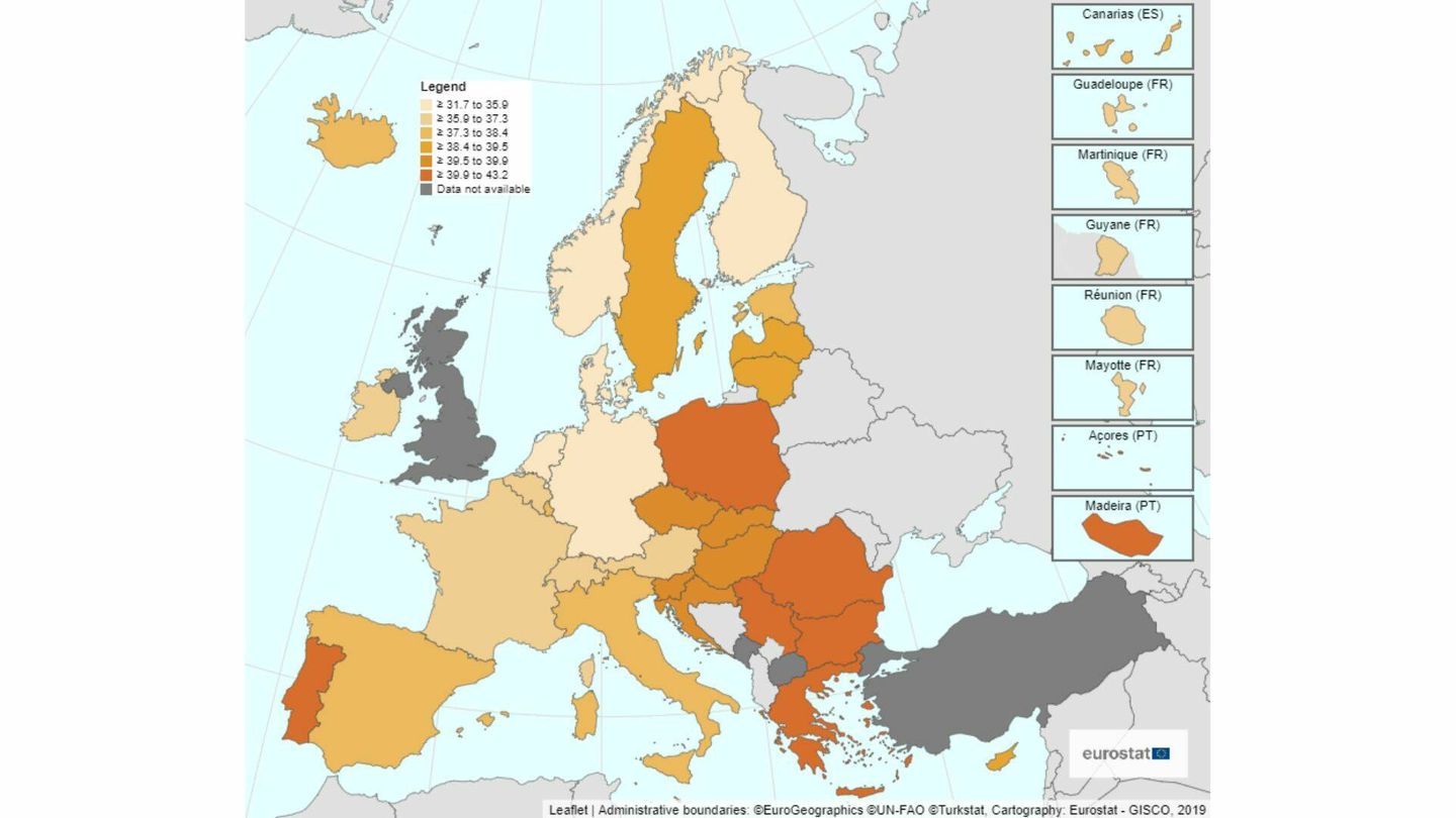 España está en el puesto 20, con 37,7 horas semanales de trabajo efectivo (Mapa de ec.europa.eu/Eurostat 2022)
