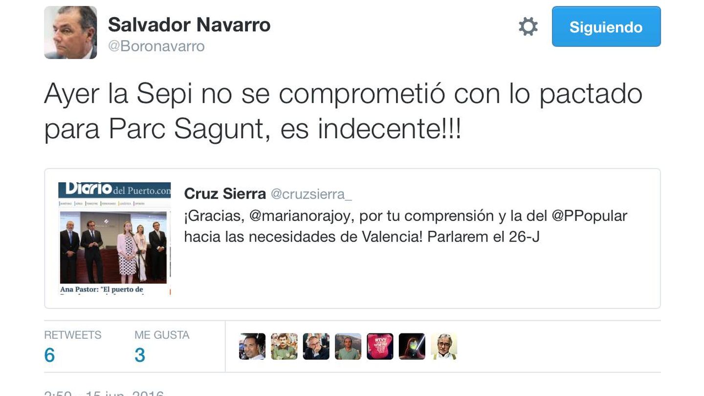 Uno de los tuits del presidente de la patronal valenciana mostrando su malestar con el Gobierno.