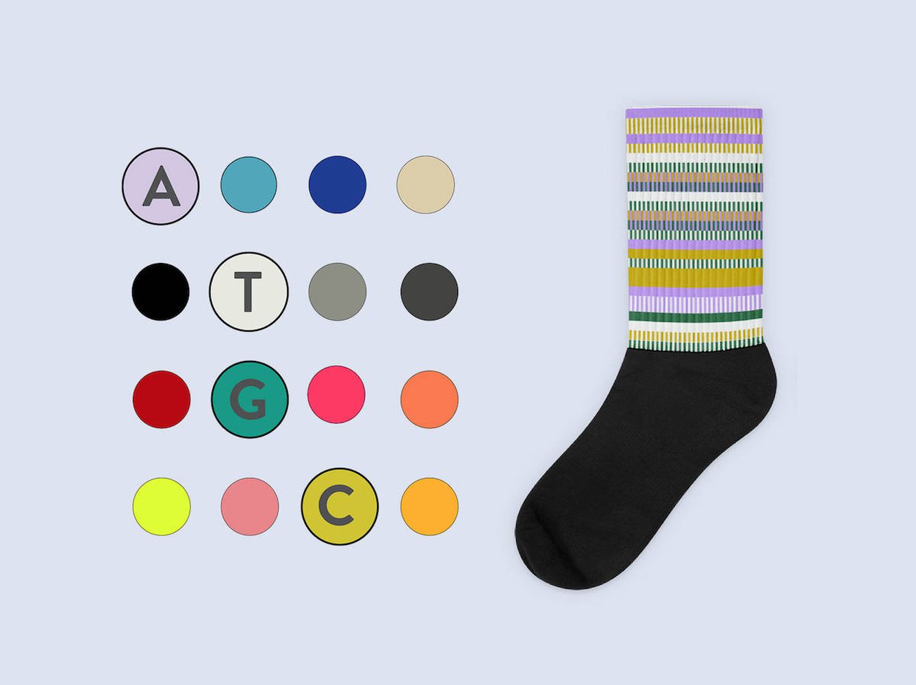 Puedes asignar colores a las bases del ADN para que la empresa Dot One diseñe unos calcetines personalizados (Fuente: Helix I Dot One)