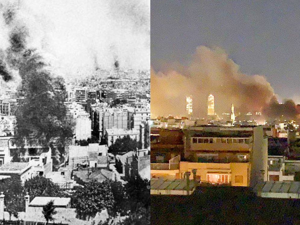 Foto: A la izquierda, columnas de humo en Barcelona por los incendios durante la Semana Trágica en 1909. A la derecha, una imagen de los disturbios de la Ciudad Condal tras la sentencia del 'procés'.