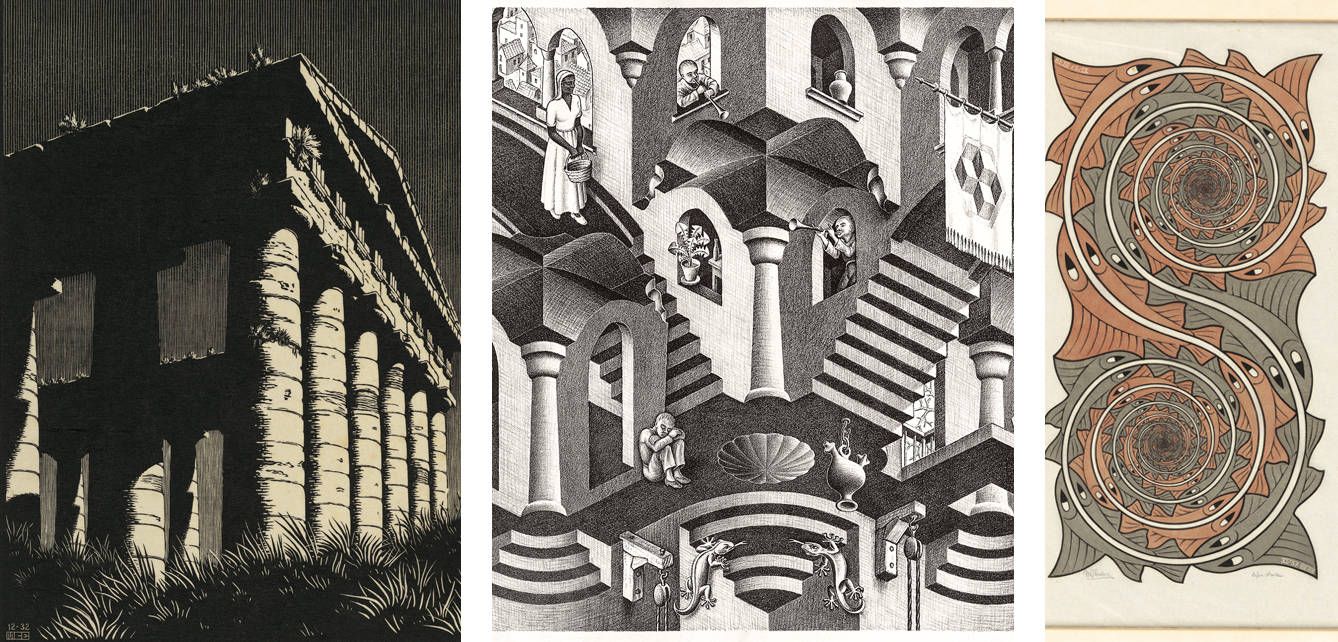 De izquierda a derecha, 'Temple of Segeste', en Sicilia, grabado sobre madera realizado por Escher en 1932; 'Convesso e concavo' (1955); y 'Vortici' (1957). 