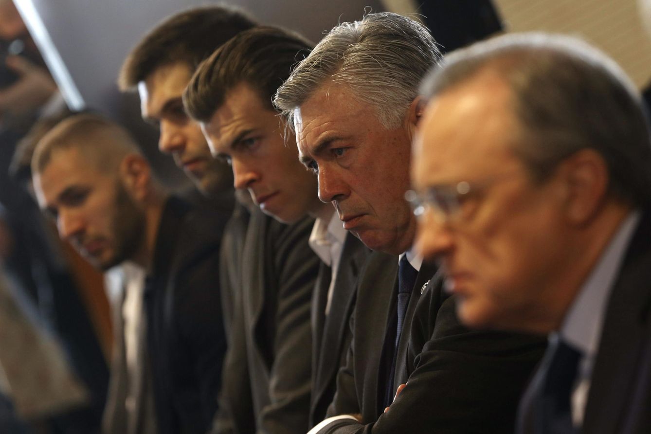 Florentino Pérez, en un acto junto a Carlo Ancelotti y Gareth Bale. (EFE/Javier Lizón)