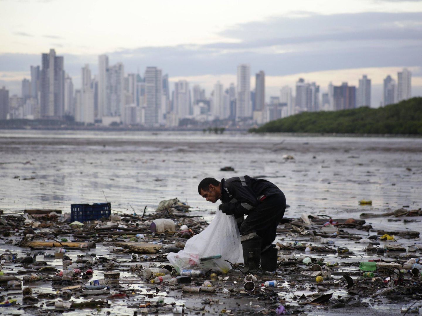 Un activista recoge desperdicios en la Bahía de Panamá el 23 de octubre de 2018, en Ciudad de Panamá (Panamá). (EFE)