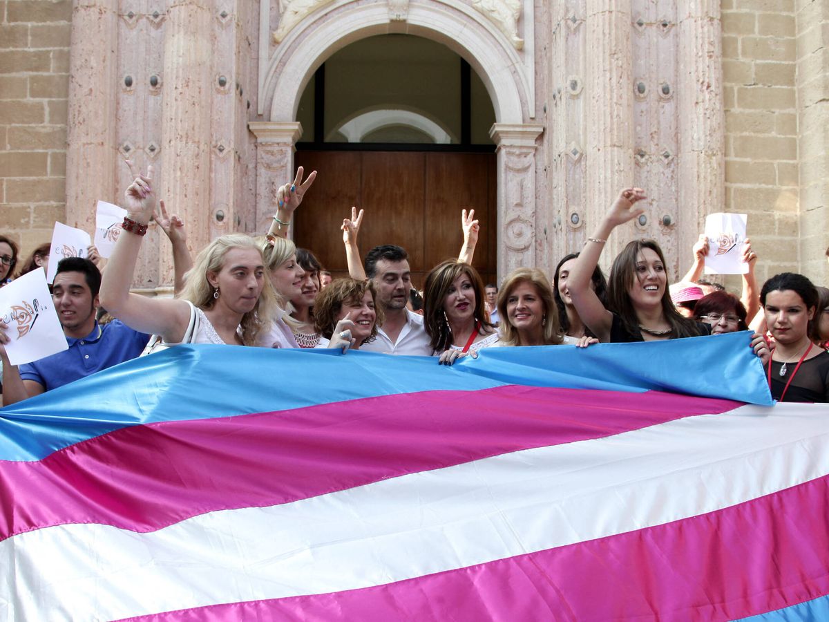 Foto: Colectivos trans y diputados del Parlamento andaluz celebran la aprobación de la ley trans de la comunidad, en junio de 2014. (Parlamento de Andalucía)
