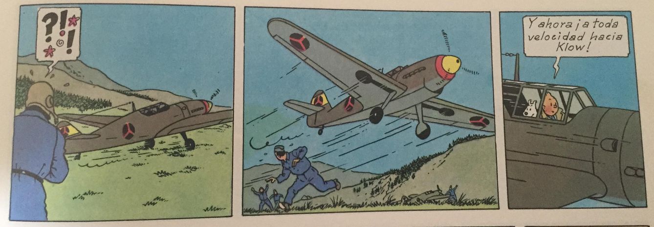 Tintín huyendo en un Messerschmitt BF-109 bordurio