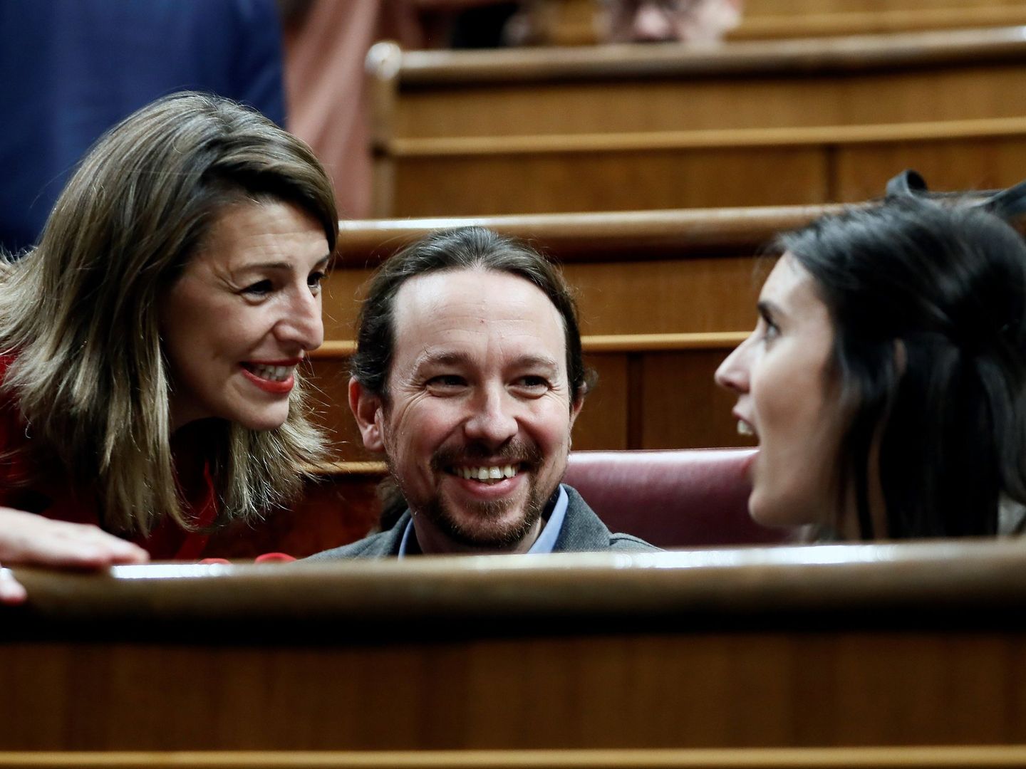 Yolanda Díaz, Pablo Iglesias e Irene Montero en el Congreso. (EFE/Mariscal)