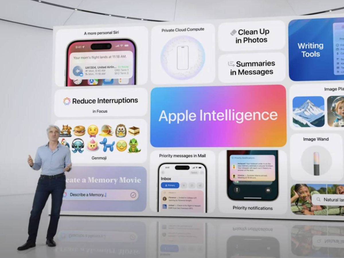 Foto: Craig Federighi, presentando las funciones de IA de Apple Intelligence (YouTube/Apple)