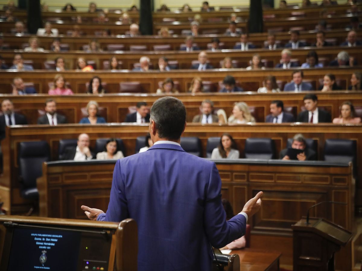 Foto: El presidente del Gobierno, Pedro Sánchez, observa a la bancada de PP y Vox durante la sesión de control. (EFE/Juan Carlos Hidalgo)