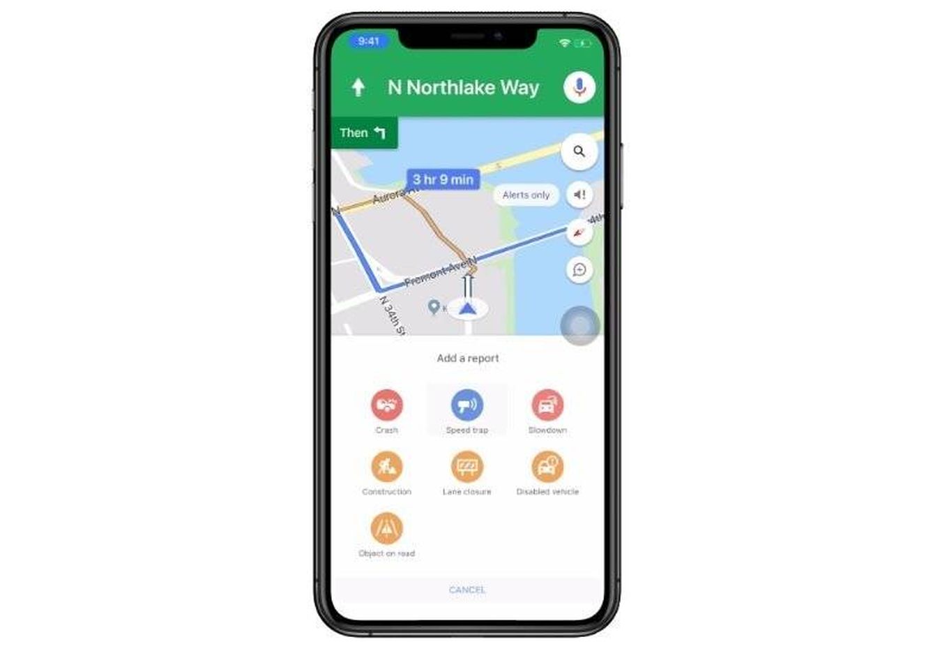 Tipos de alerta de circulación que se pueden añadir en la aplicación 'Google Maps'.