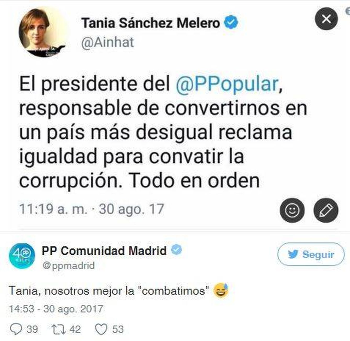 Tania Sánchez en su perfil oficial de Twitter.