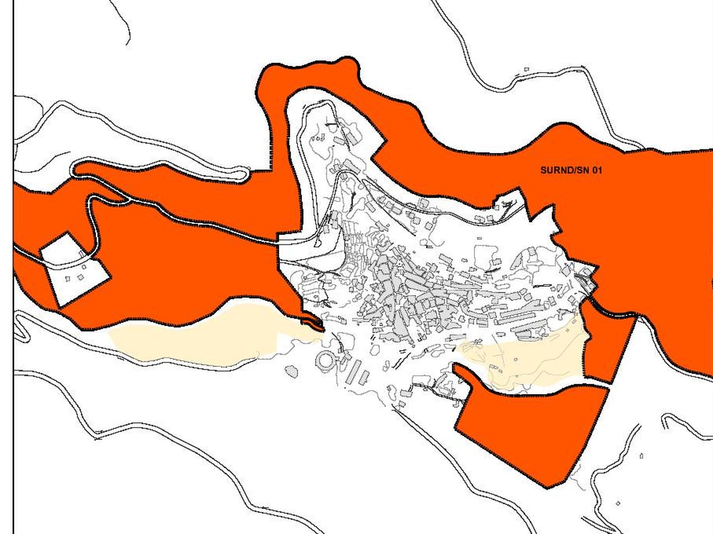 Mapa de Guisando, en rojo todo el suelo urbanizable del municipio. (Junta CyL)