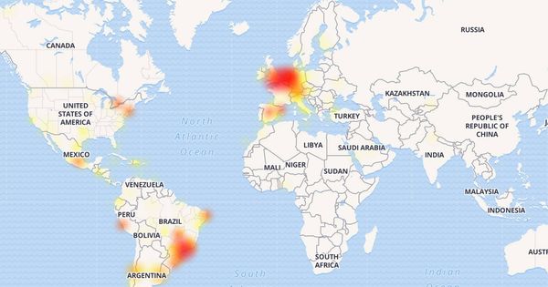 Foto: La caída mundial de WhatsApp: en rojo y amarillo, países afectados. (Imagen: DownDetector)